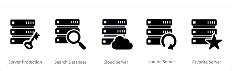 A set of 5 Internet icons as server protection, search database, cloud server