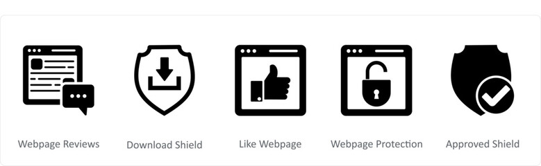 A set of 5 Internet icons as webpage reviews, download shield, like webpage