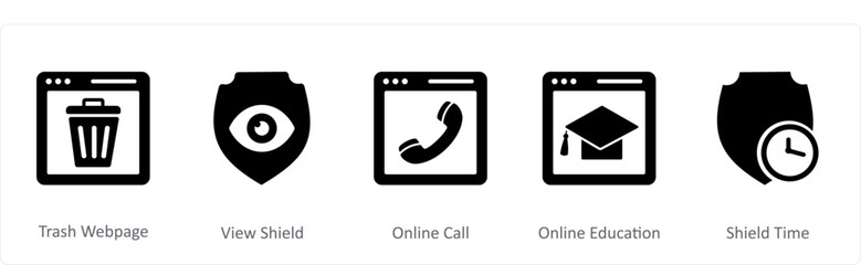 A set of 5 Internet icons as trash webpage, view shield, online call