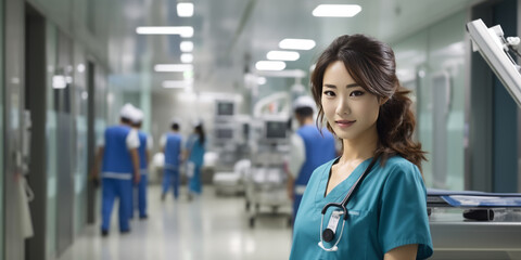 Obraz premium Portrait of Young female doctor on modern clinic background.Healthcare people group. Professional doctor working in hospital office or clinic with other doctors