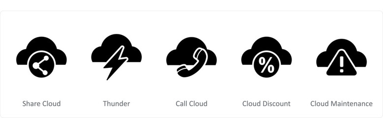 A set of 5 Internet icons as share cloud, thunder, call cloud