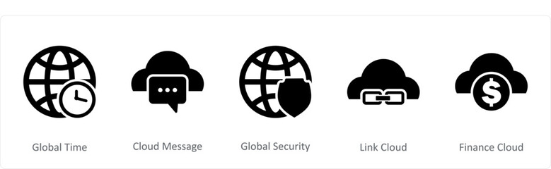 A set of 5 Internet icons as global time, cloud message, global security