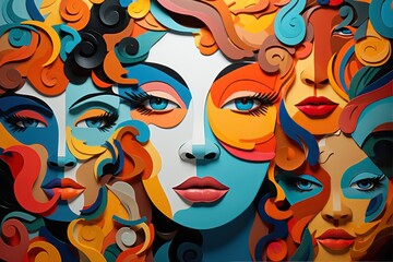 Fototapeta na wymiar Colorful illustration of women faces. colorful woman face collage. Abstract concept of different personalities. Face Pattern. Made With Generative AI.