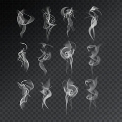 Smoke vector collection, isolated, transparent background. Set of realistic white smoke steam, waves from coffee,tea,cigarettes, hot food,... Fog and mist effect. Eps 10 vector illustration.