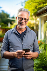 Fototapeta premium an elderly man uses a mobile phone and is happy. happy day. Ai generative