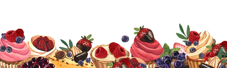 Watercolor baner dessert, colorful sweet cakes slices pieces of cheesecake with berries. Hand-drawn illustration isolated on white background.Perfect food menu, food drawing, design packing, print