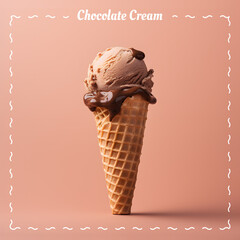 Chocolate cream ice cream. Ice cream cone on gradient color background. Banner. 3D illustration