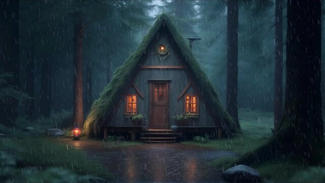 Mysterious cabin in the woods. Rain falling and lantern glowing at nighttime. Cozy, meditation rest, deep sleep relax concentration study atmosphere. 