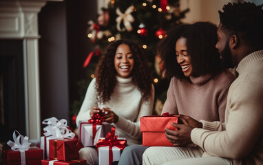 Obraz na płótnie Canvas Black african american dark-skinned friends or family sitting near Christmas tree, smiling, and opening christmas presents. Holidays and celebration concept