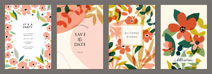 Floral abstract universal art templates in warm colors perfect for an autumn or summer wedding and birthday invitations, menu and baby shower. For poster, flyer, brochure, email header. - 627672404