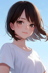 白いTシャツを着たミディアムショートヘアの女性のイラスト
