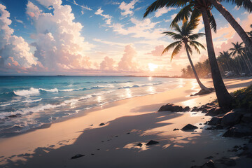 ヤシの木がある夕暮れのビーチ　夏の海　バカンス　イラスト