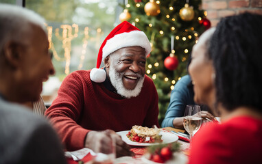 Smiling senior black african american dark-skinned man celebrating christmas with his family at the...