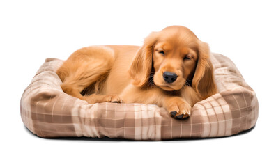 golden retriever pup sleeping on a pet bed on isolated background, generative ai