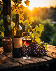 A bottle of red  wine in the vineyard s in the evening light of sun , background
