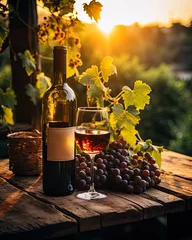 Papier Peint photo Lavable Vignoble A bottle of red  wine in the vineyard s in the evening light of sun , background