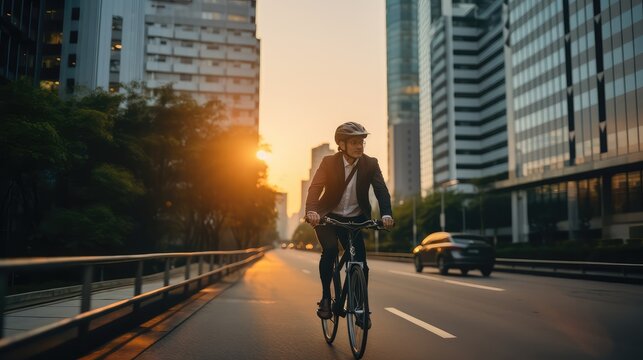 businessman wearing helmet biking with bicycle on road in city to work, Generative AI
