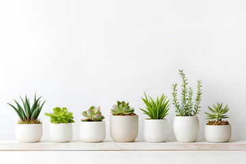 Pots set with indoor plants, succulent, green herbs on white background. Generative Ai