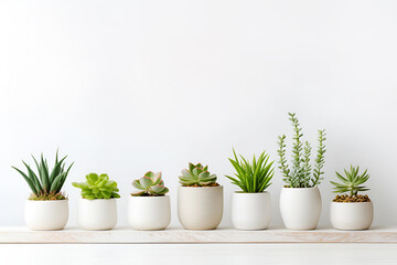 Fototapeta premium Pots set with indoor plants, succulent, green herbs on white background. Generative Ai