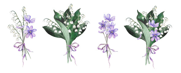 Watercolor flower arrangement with white bouquets of lilies of the valley and purple coppice. Isolated. Design for printing postcards, invitations to weddings, birthdays, spring and summer holidays © Ekatmart
