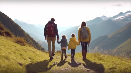 Naklejka premium family with kids hiking in mountains. Generative AI