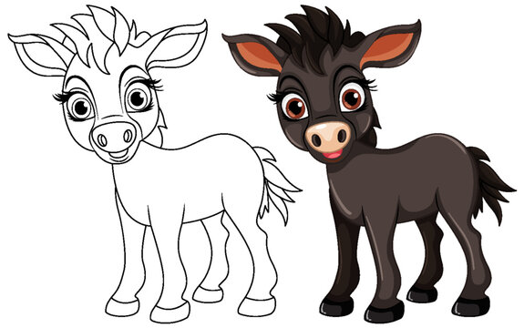 Cute horse cartoon animal and its doodle coloring character