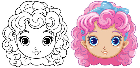 Adorable Girl with Curly Hair Outline for Colouring