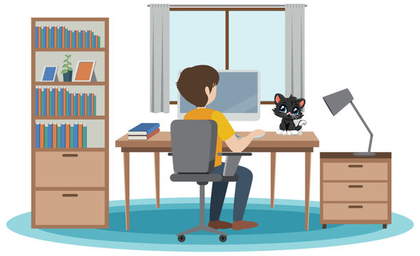 recommend clip art: Man working at the table with a cat