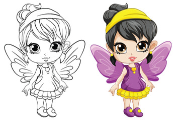 Cartoon fairy with wings and its doodle coloring character
