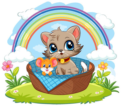 Cat and Mouse Cartoon Characters Sitting in Basket