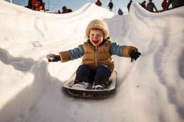 Boy riding snow slide outdoor. Generate Ai
