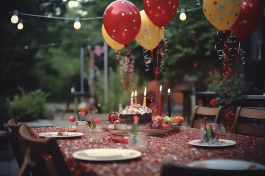 Empty party table set for a birthday celebration