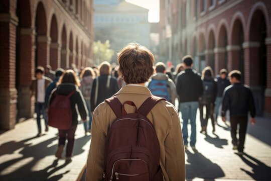 Boy walking school class outdoor. Generate Ai