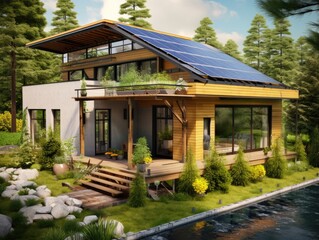 Fototapeta na wymiar A modern eco-friendly house with green roofs, solar panels, and rainwater harvesting systems. Generative AI 