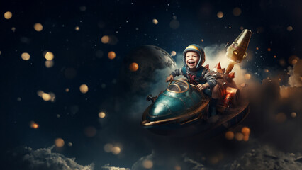 Kleiner junger Mann mit Rakete fliegt über den Mond mit Wind und lacht Porträt, ai generativ