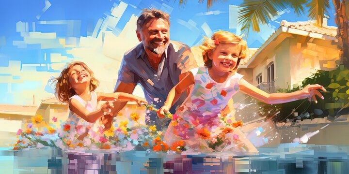 painting style illustration father and daughters play together in shallow swimming pool, Generative Ai