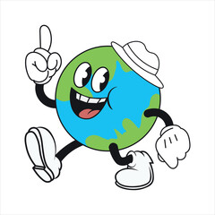 Retro cartoon Earth mascot in a hat, walking, index finger pointing up gesture