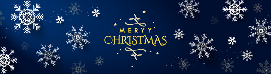 Fototapeta na wymiar Beautiful Merry Christmas Greeting Banner on blue background with 3d snowflakes. Vector Illustration. EPS 10. Perfect for headers, cover, banners, backgrounds, designs.