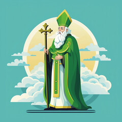 Illustration of Saint Patrick holding a staff. - obrazy, fototapety, plakaty