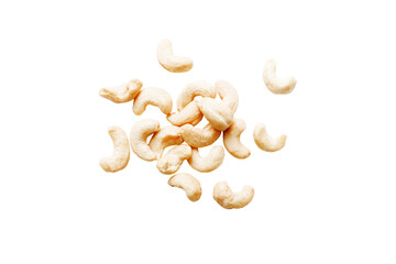 pile cashew nuts isolated on white background, top view. Flat lay Healthy food concept