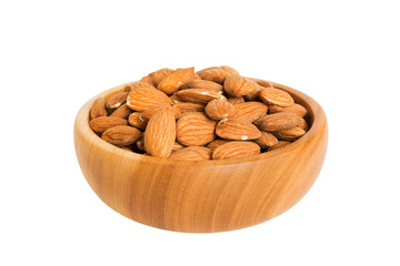 Roasted almonds in bowl isolated on white background. almonds is snack or raw of cook. Healthy food concept