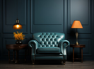 a blue armchair against a blue wall and wooden floor