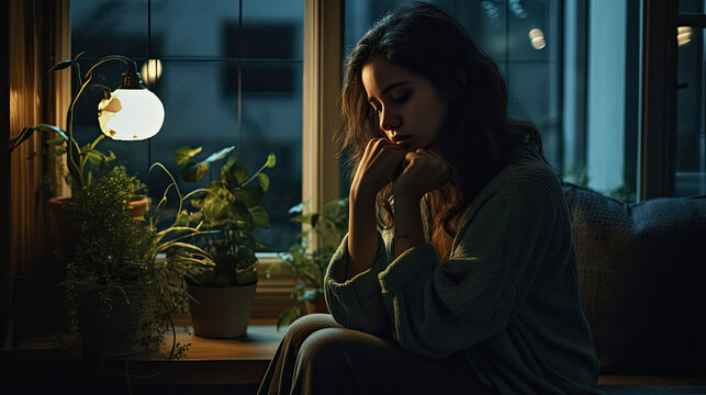 Depressed Woman Sitting Alone Near a Window in the Dark Evening with Low Light Environment, ai generative