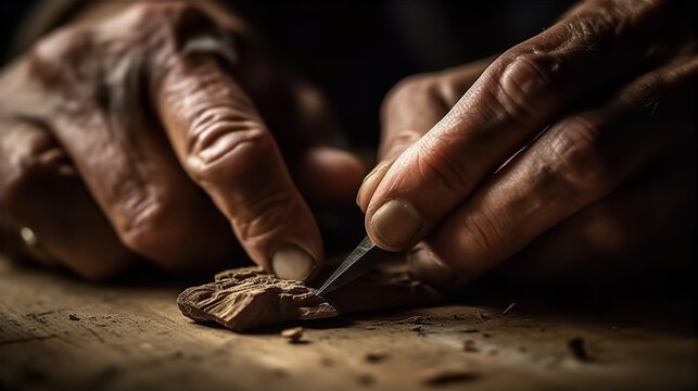 Hands carving wood - AI generated