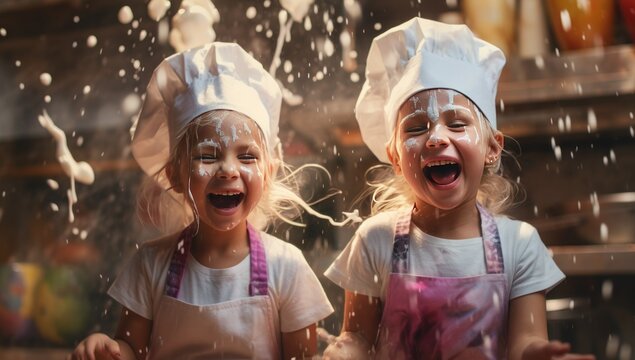 Happy family funny kids bake cookies in kitchen. Creative and happy childhood concept.
