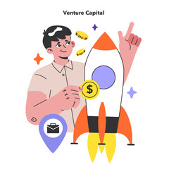 Venture capital. Young male character investing money for venture