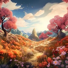 an animated featuring a landscape full of flowers