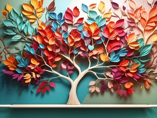 Colorful tree with leaves on hanging branches illustration background .AI Generated Image.