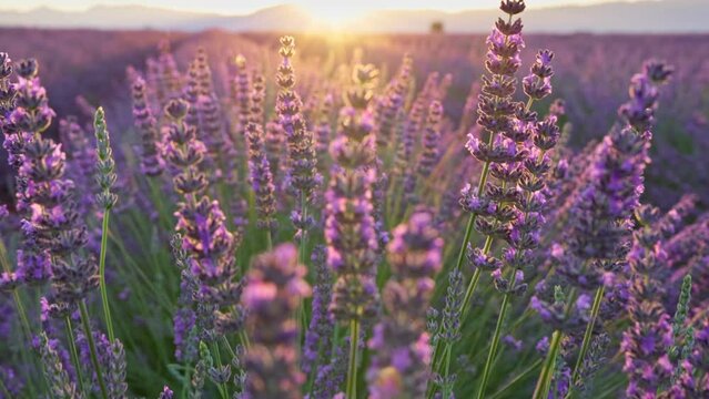Blooming lavender fields at sunset in Provence, France. Close up of beautiful purple lavender flowers. Slow motion, DOF