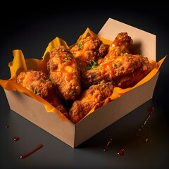 Hot and sizzling crispy fried chicken wings in yellow paper box with peri peri sauce. Chicken wings, hot, sizzling, peri peri sauce. Created with Generative AI Technology. 